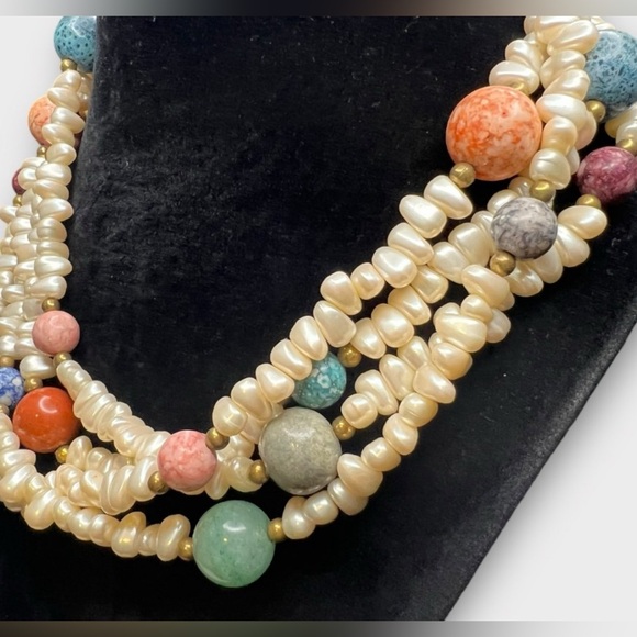 Vintage Double Strand Pearl & Gemstone Beaded Necklace Jade Jasper Amazonite etc - Picture 6 of 12